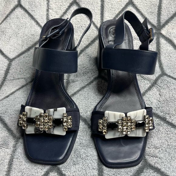 Tory Burch Navy Women's Delaney Embellished Leather Block Heel Sandals - Picture 7 of 16